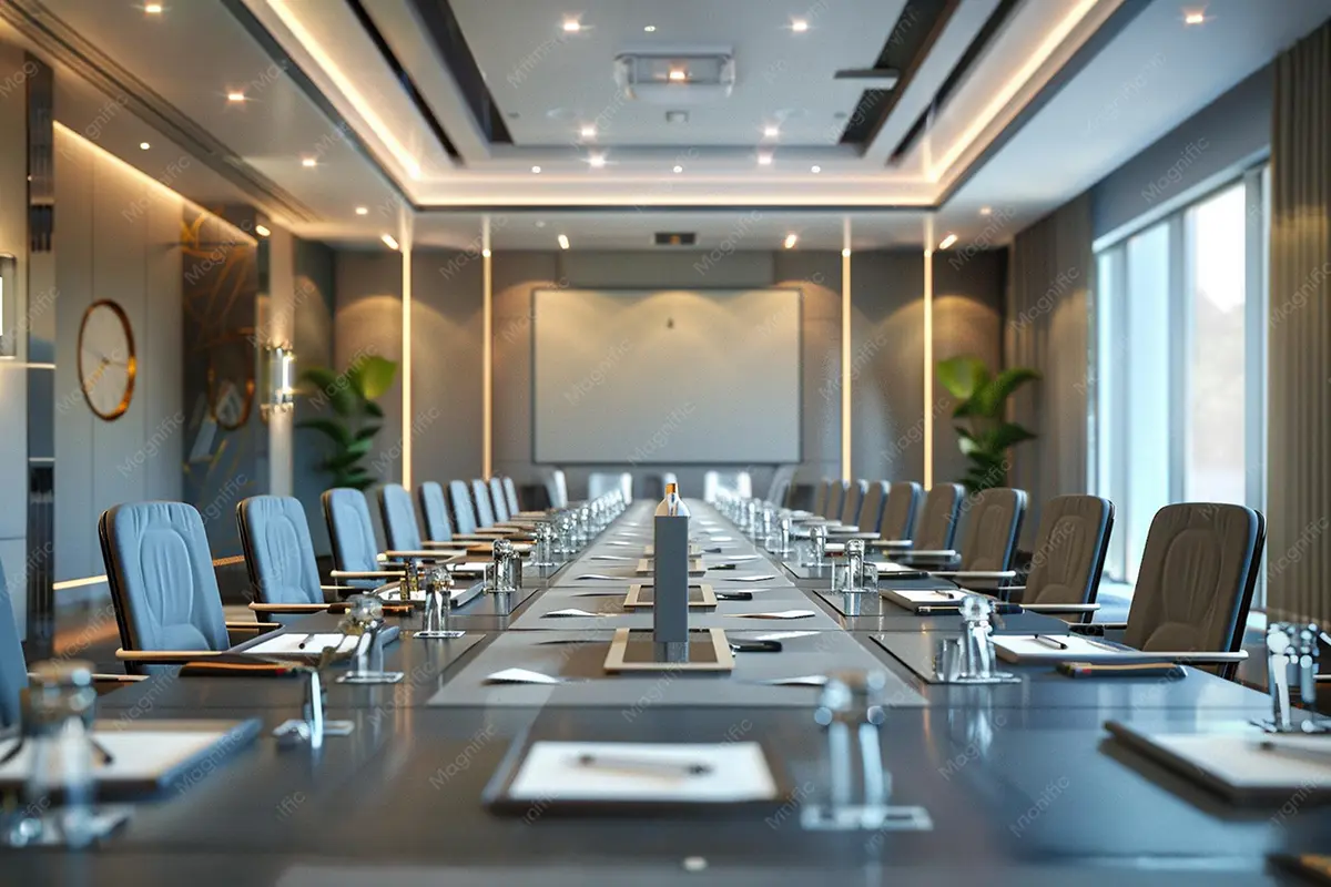 Board conference room setup with long table chairs empty space